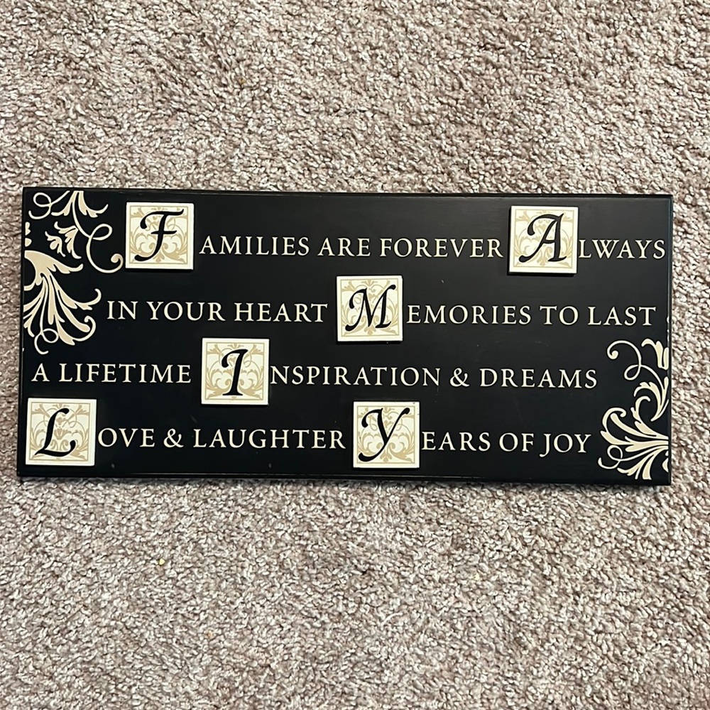 Family home wall or mantle or counter decor black and cream